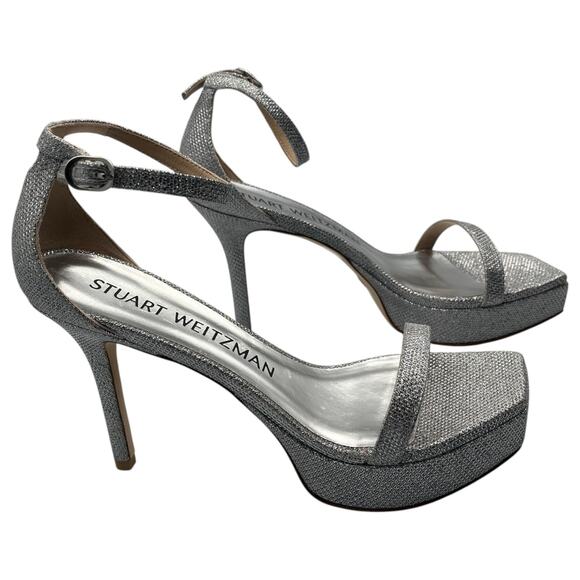 Stuart Weitzman Nudist Party 95 Ankle Strap Platform Heels Sandals Silver 9.5 - Picture 5 of 9